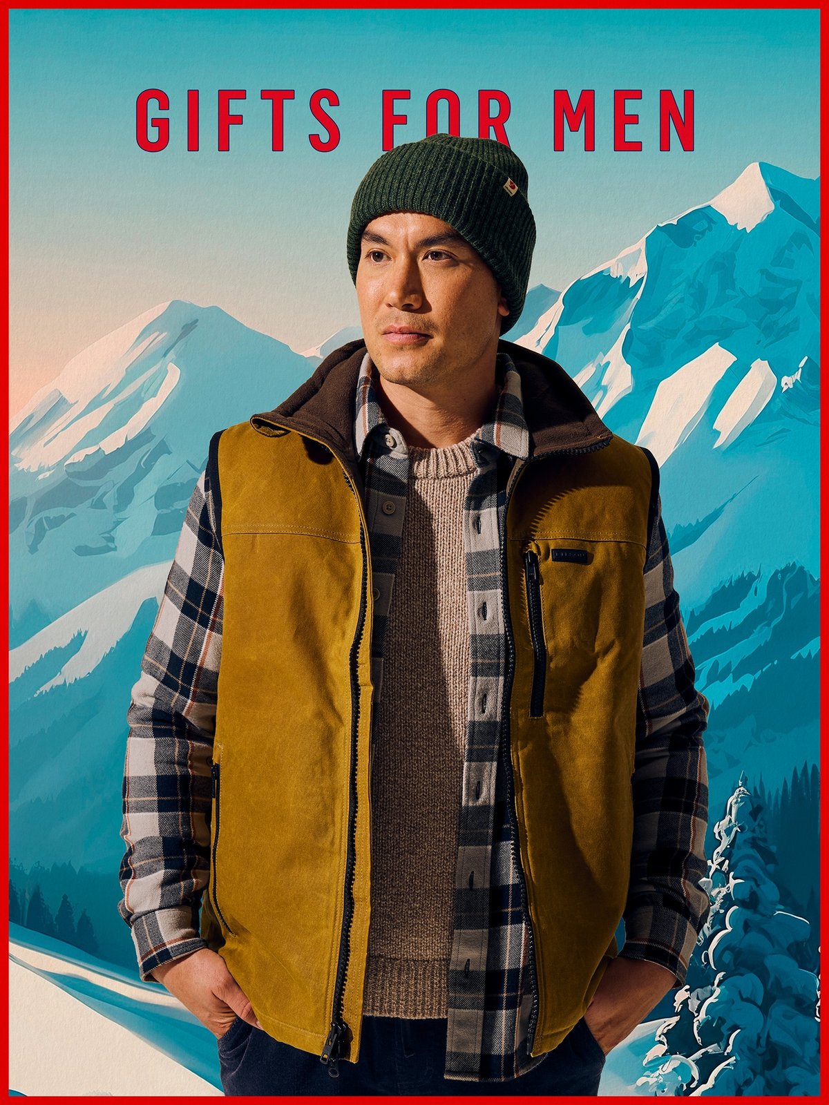 A vintage-feeling poster depicting a man wearing a fisherman sweater, flannel shirt, waxed canvas vest, and a beanie. Behind him the words Gifts For Men appear above illustrated snowy mountains.