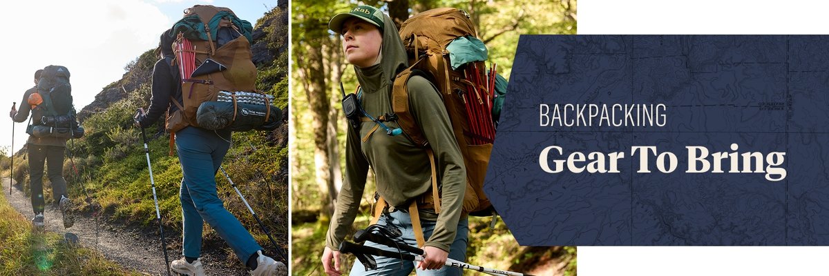 Two images of hikers wearing big packs sit next to each other. The words, “Backpacking Gear To Bring” appear in a box to the right of the images.