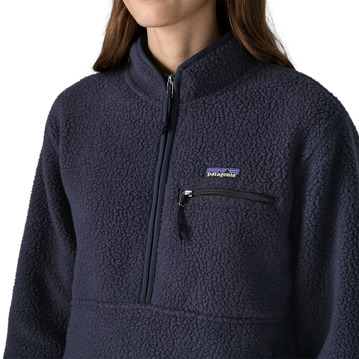 A shot from the chin down of the Retro Pile Marsupial Pullover
