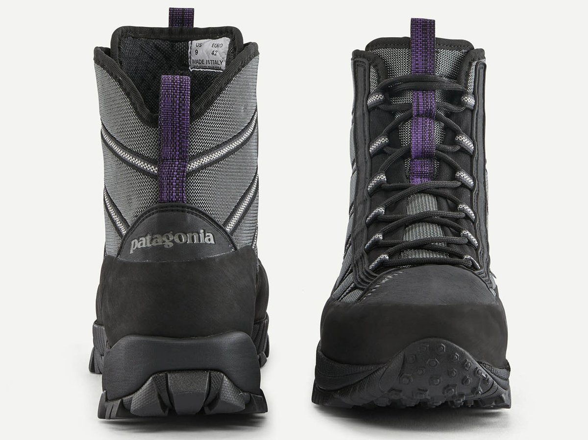 Rear and front views side by side of a grey and black Patagonia boot with purple heel and tongue pull tabs, black rubber toe and heel caps.