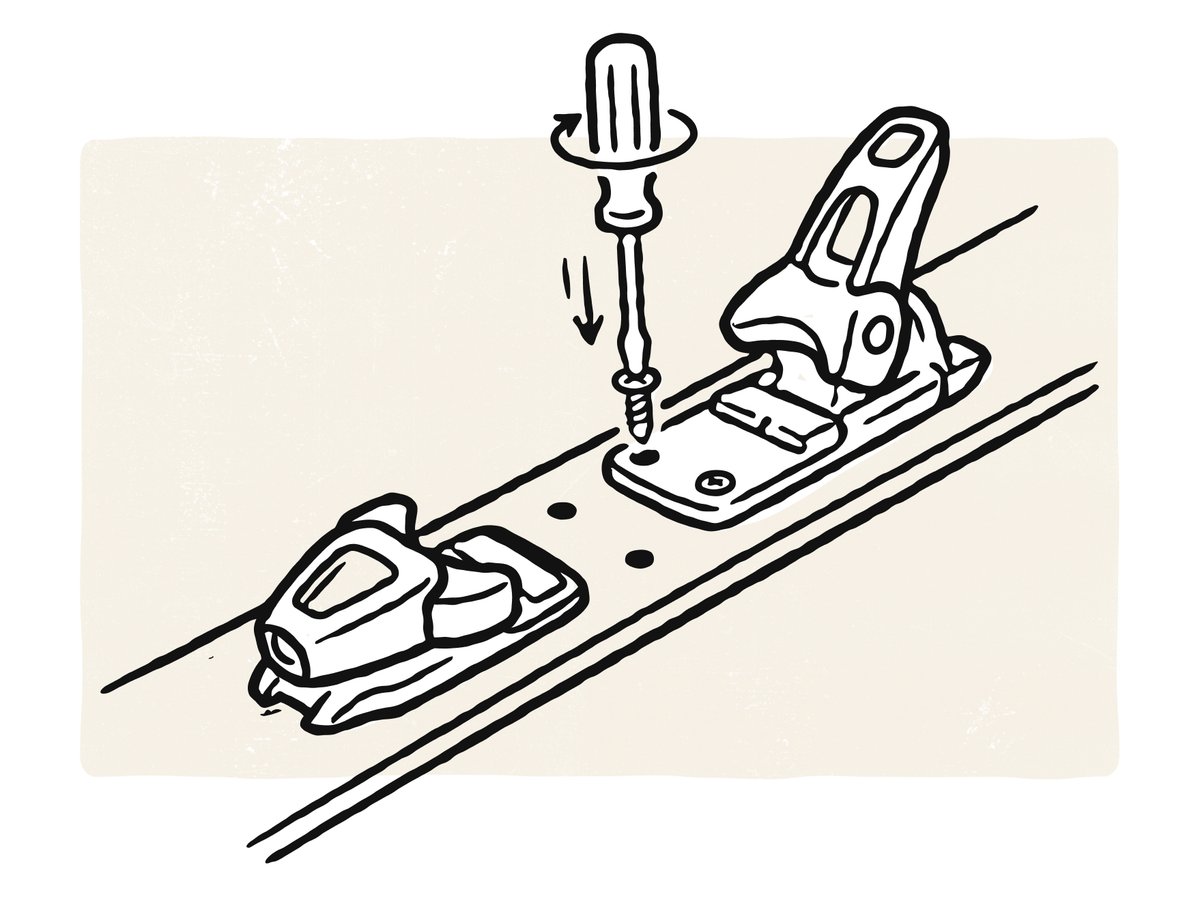 Illustration of ski bindings being mounted to a ski with a screwdriver.