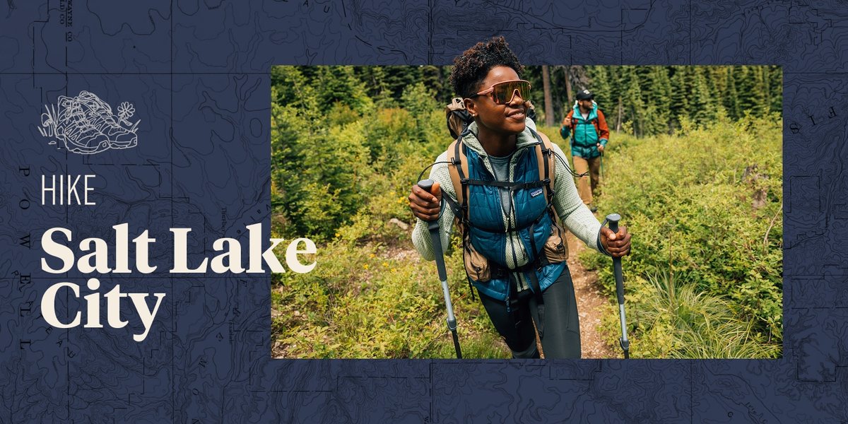 Two people hike through the forest. There is a topographic background framing the image. Text overlay reads: Hike Salt Lake City