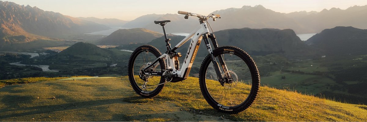 A Pivot eMTB on a grassy knoll at sunset.