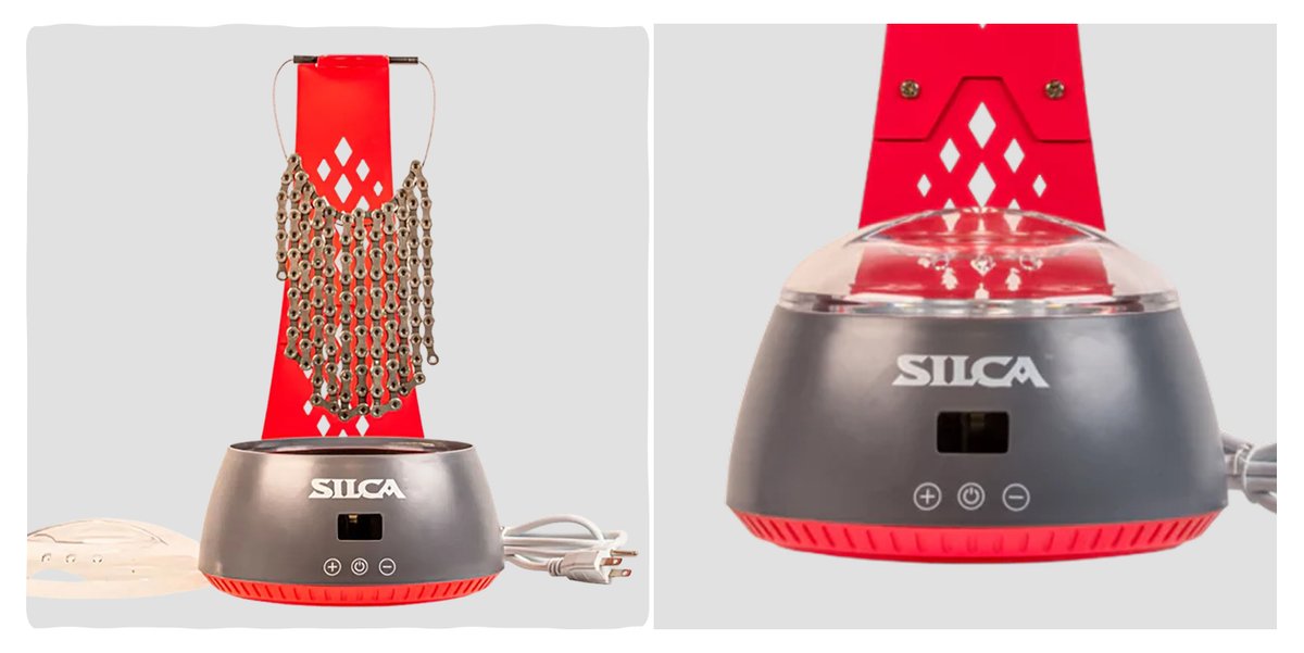 A wax heating device with a bike chain hanging above it.
