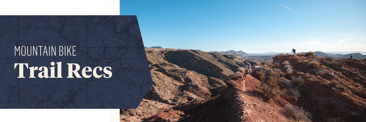 Three people ride desert trails on mountain bikes. Text overlay reads: Mountain Bike Trail Recs