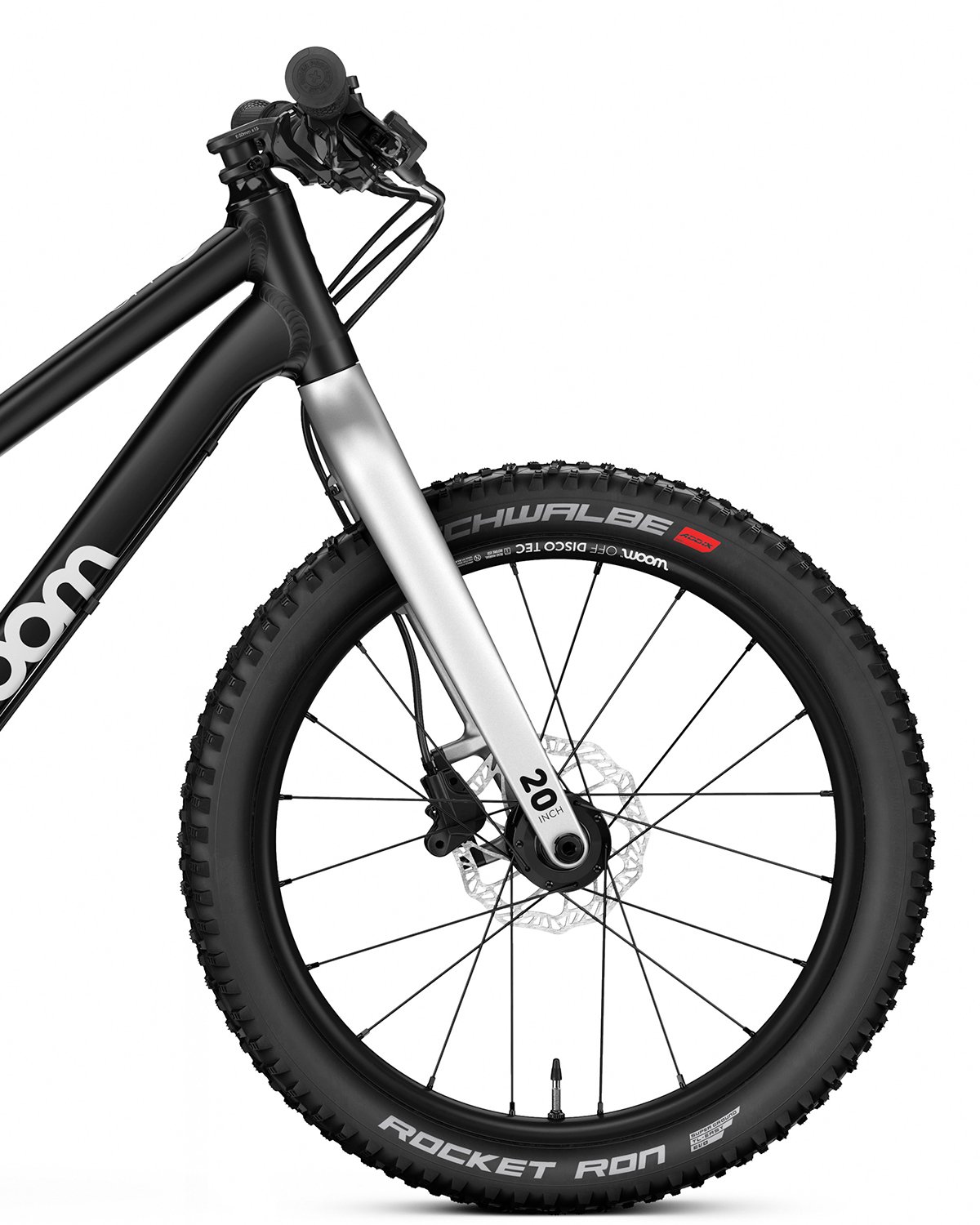 Side profile image of black Woom Off mountain bike with solid carbon fork.
