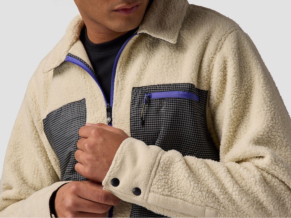 Close-up shot of the collar and wrist cuff on white fleece jacket.
