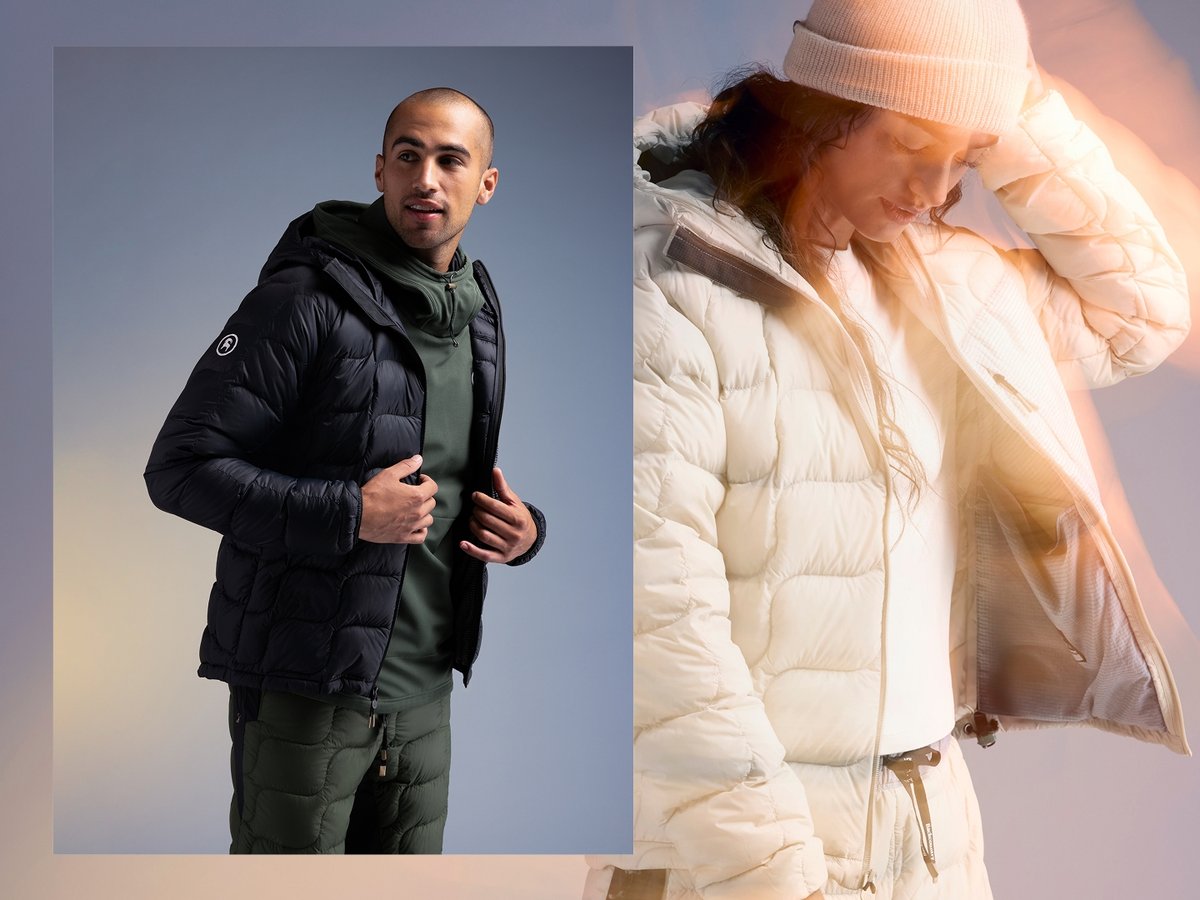 Our Waas ALLIED Down puffy jacket & pants in black and white.