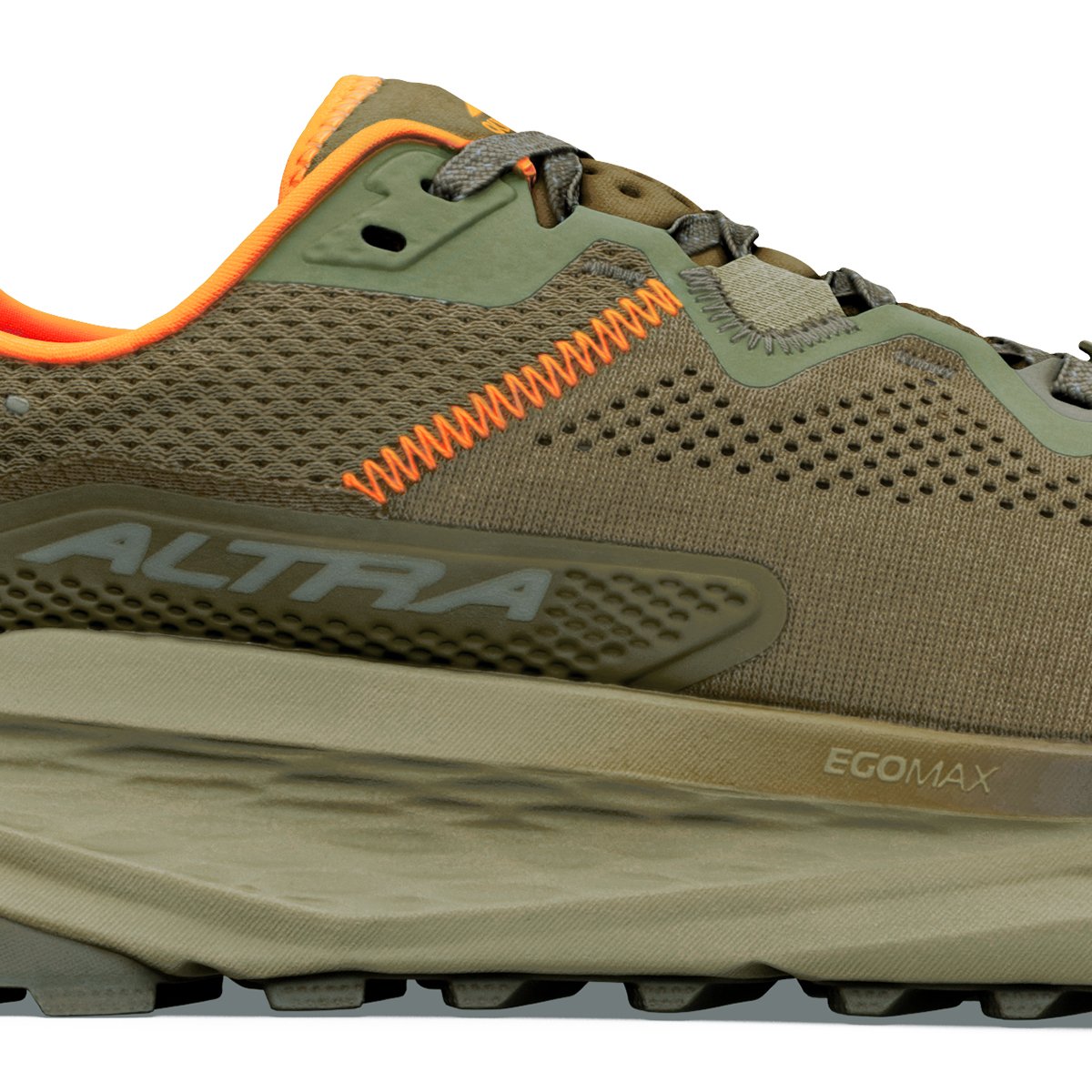 Detail shot of side profile of Altra trail run shoe with thick egomax midsole.