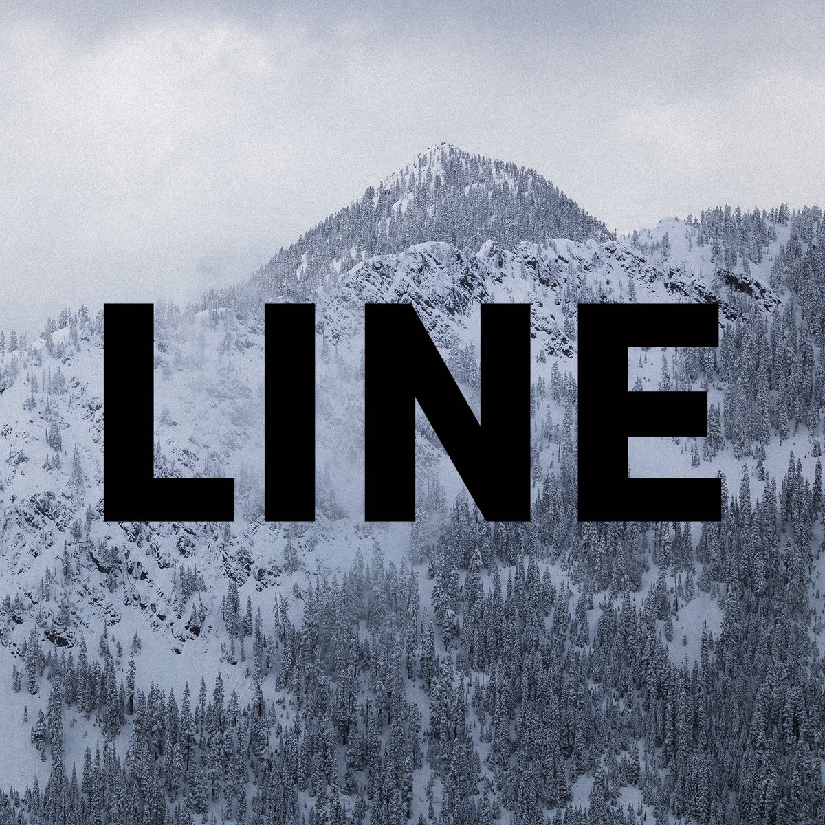 LINE logo text overlay on snowy alpine mountain landscape with evergreen trees