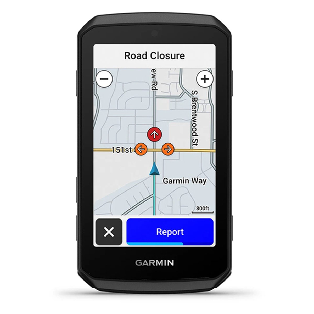 A view of the Garmin Edge 1060 screen, highlighting a road closure on the Road Hazard Alerts feature.