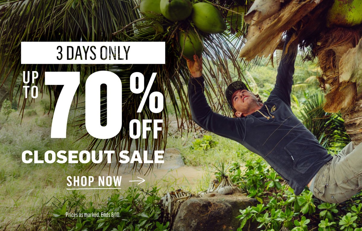 Man climbing a coconut palm in a lush tropical landscape. Closeout Sale — 3 days only — up to 70% off. Ends 8/10.