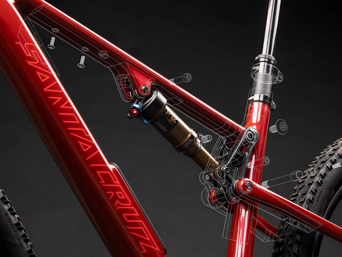 Detail of the Santa Cruz Blur rear suspension linkage, showing the design skeetches overlayed.