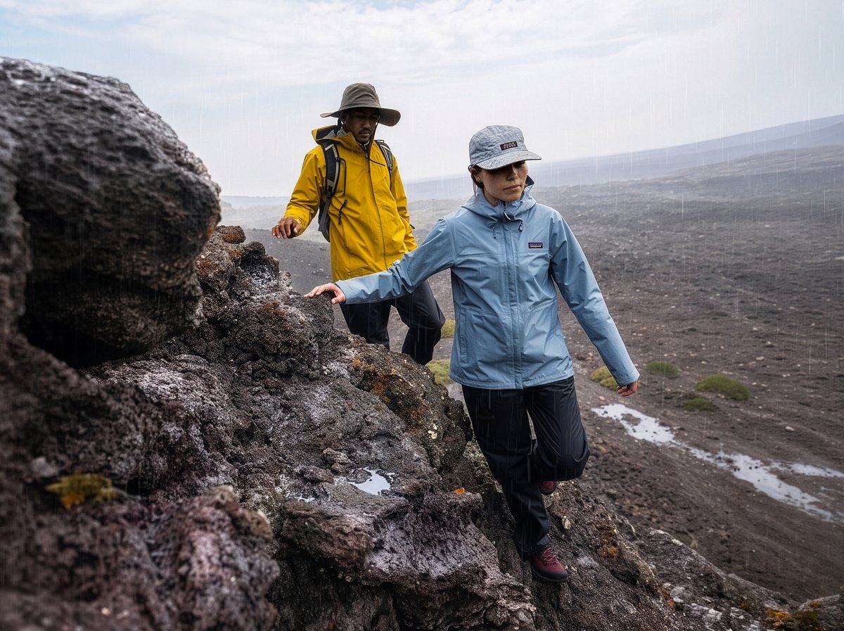 Two hikers walk in the rain. One is wearing a bright-yellow jacket and the other is wearing a blue jacket.