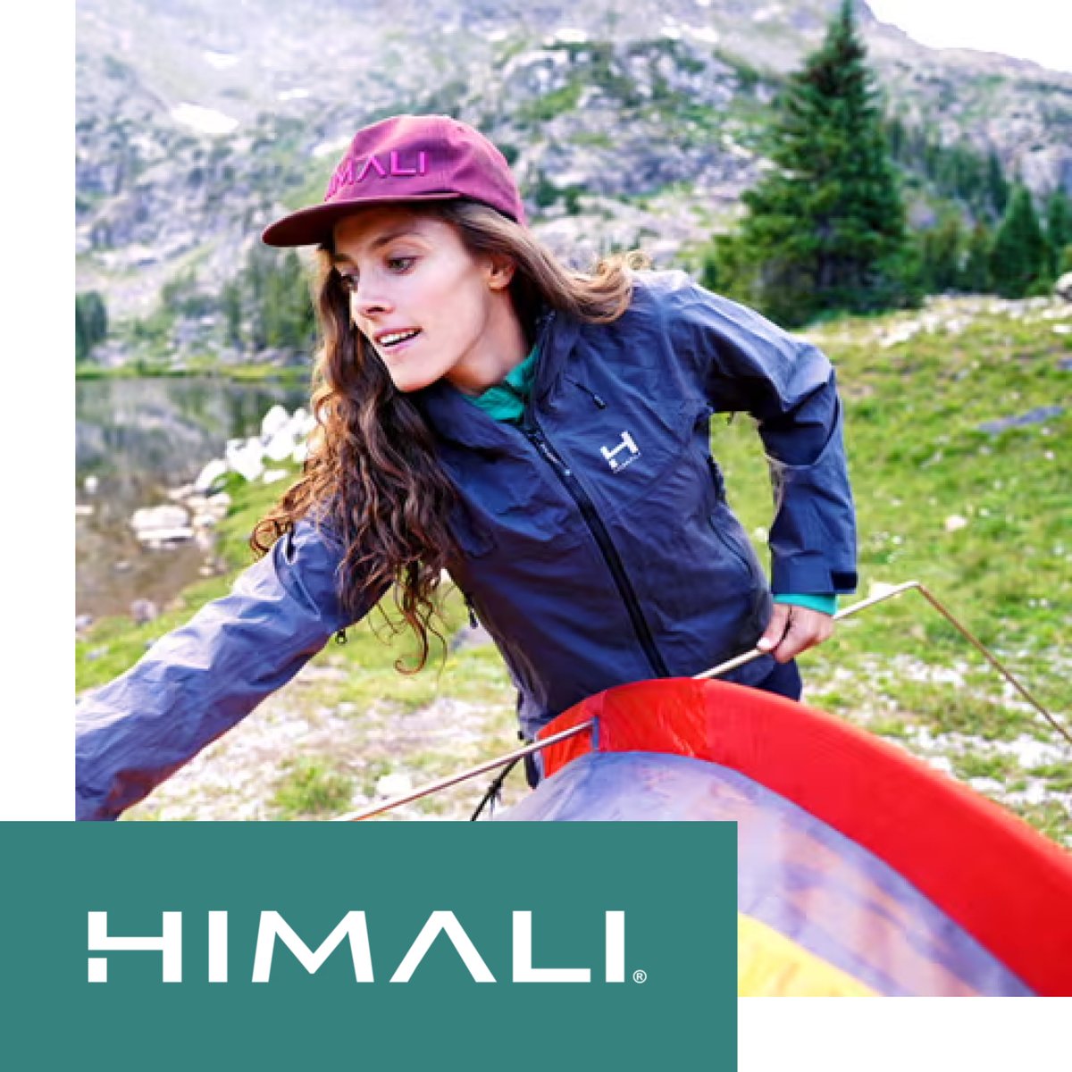 Shop HIMALI outdoor apparel — woman in branded cap and puffy jacket in snowy alpine mountains