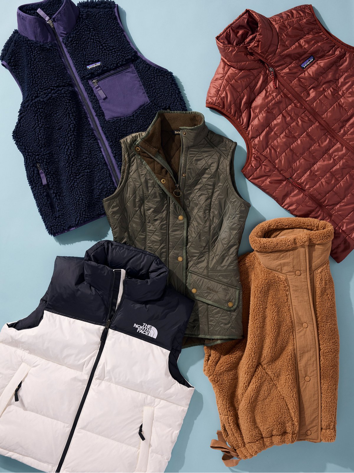 Five puffy and fleece vests.