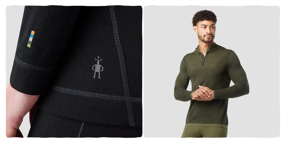 A closeup of Smartwool’s logos stitched onto a baselayer top. To the right is a man wearing form fitting wool baselayers.