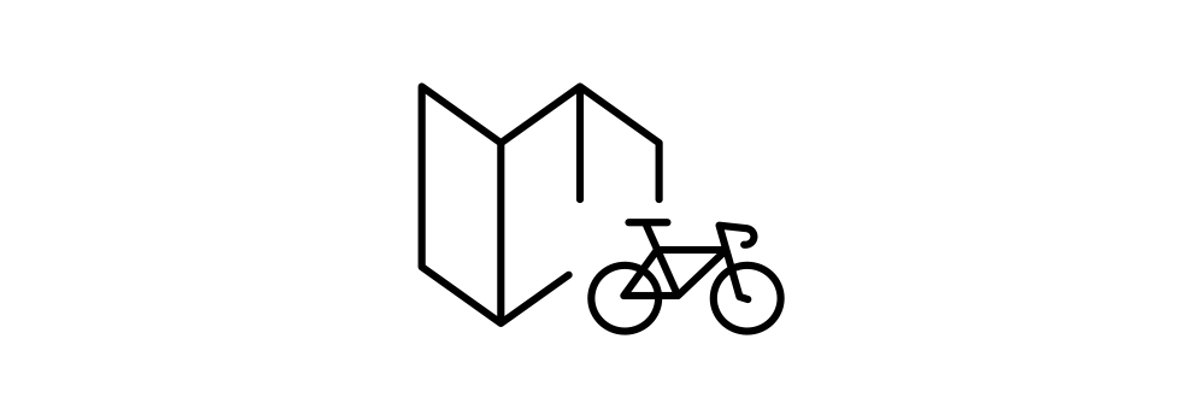 A line art drawing of a map with a bicycle next to it.