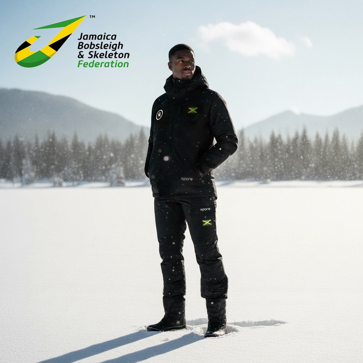 Jamaican bobsleigh team member on a snowy outdoor background.