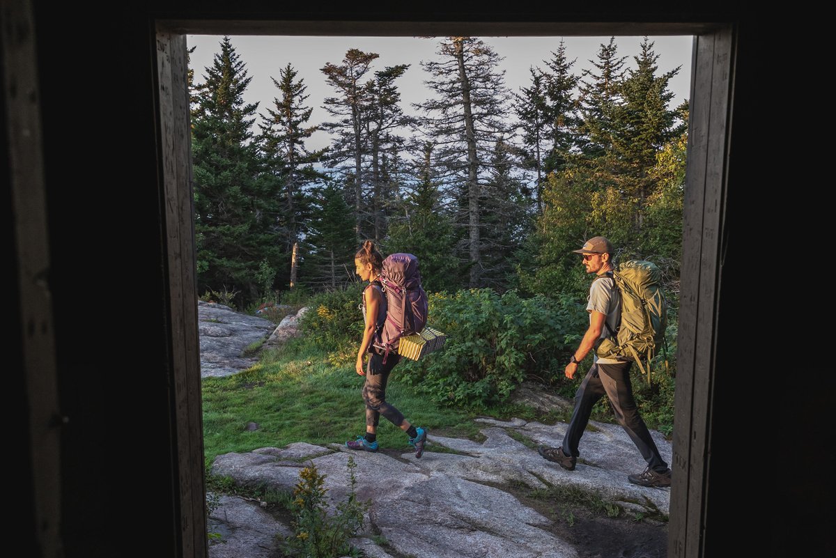 Two hikers wearing backpacking packs walk through an alpine forest.