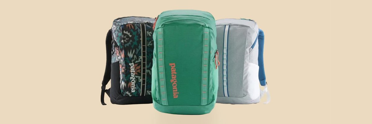 Three Patagonia travel packing cubes in green, black patterned, and gray with blue accents displayed against a neutral background.