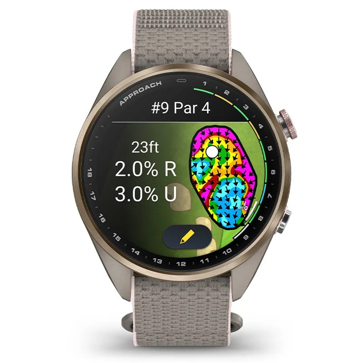 The Garmin Approach S72 shows the green reading feature, a colored map of the course next to R and U percentages.