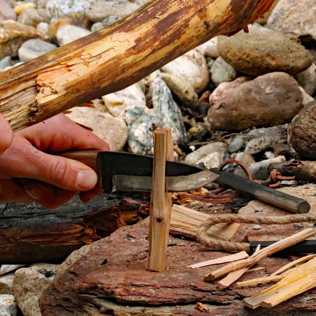 Coalatree Haswell Knife being used to chop through a piece of wood.