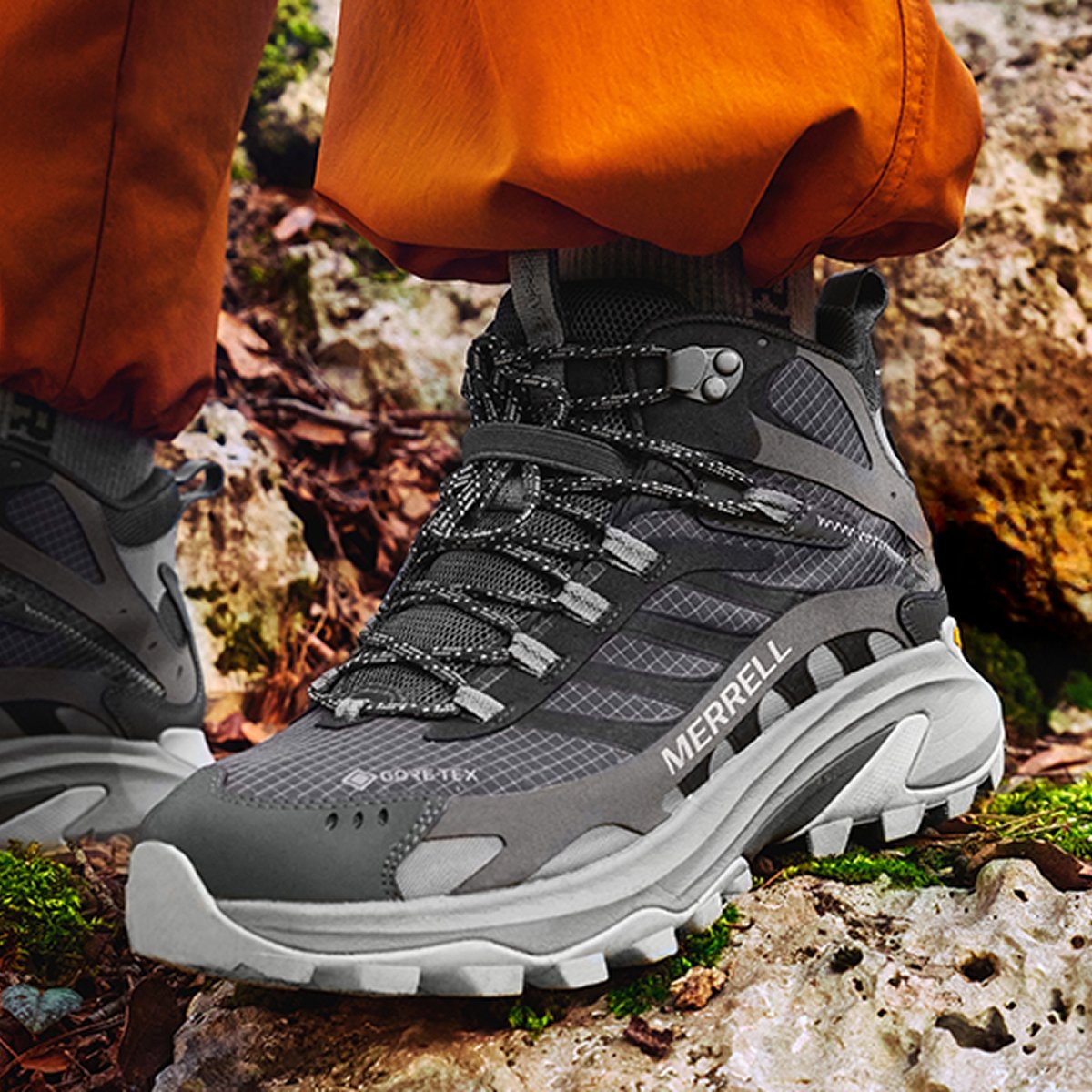 An ankle height GORE-TEX hiking boot with exaggerated lug soles and durable toe cap reinforcements.