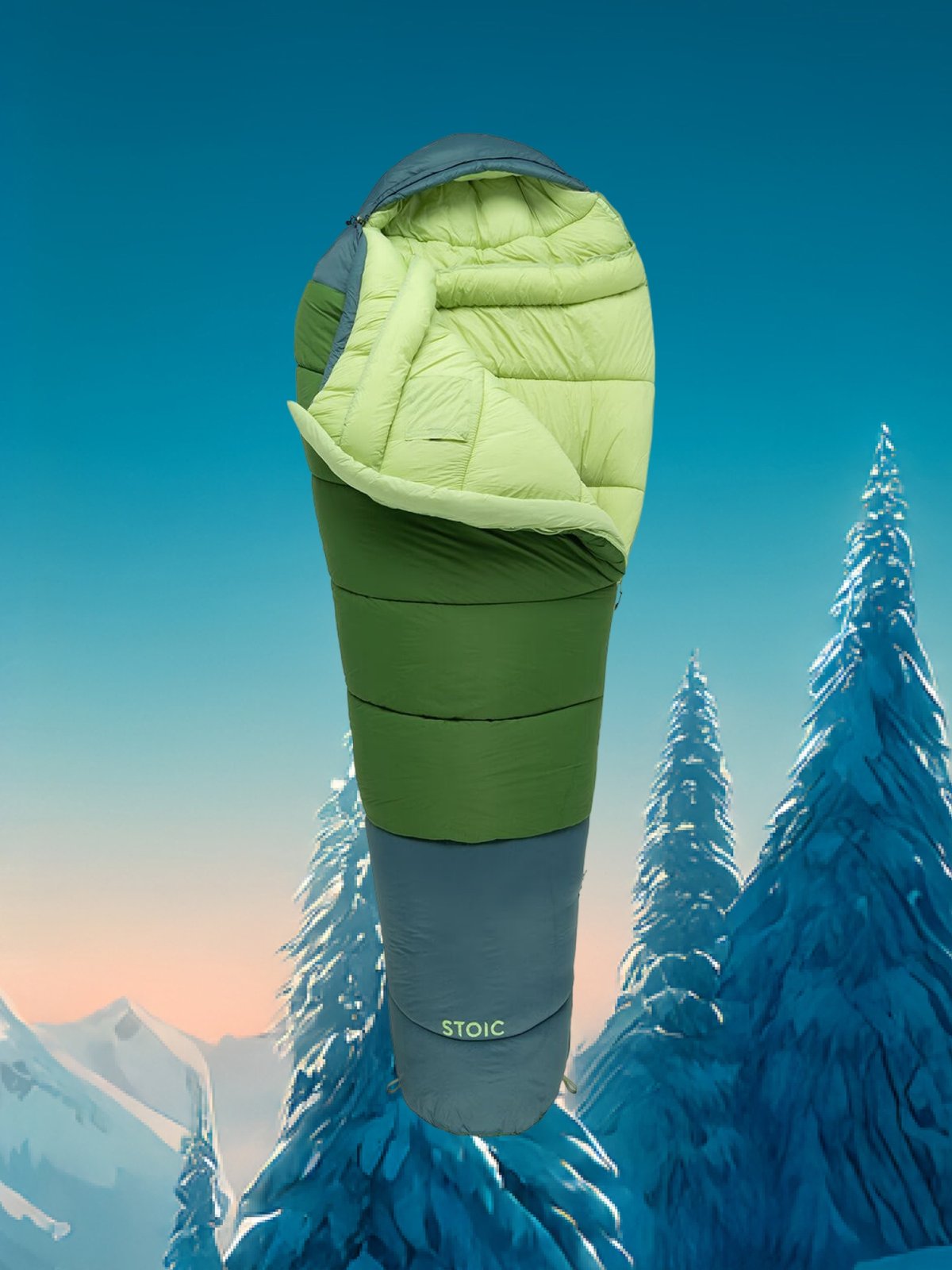 A green and grey Stoic sleeping bag.