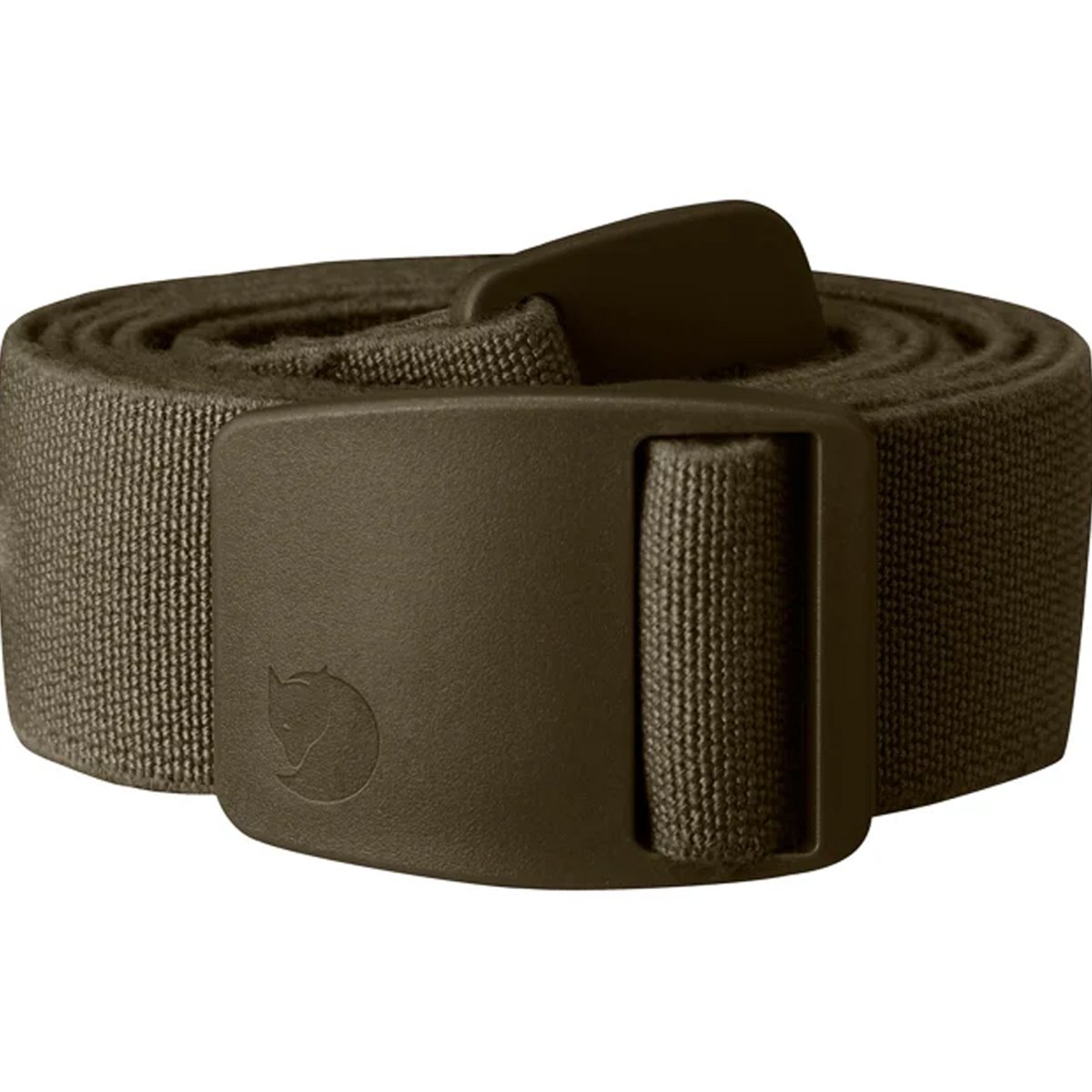 Olive green canvas belt with plastic buckle and fox logo emblem, perfect for casual and outdoor wear.