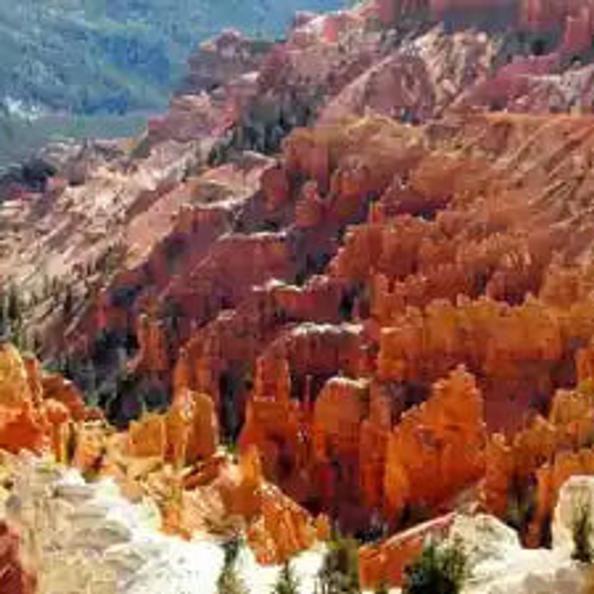Aerial view of Cedar Breaks amphitheater showing densely packed orange and red hoodoo formations.
