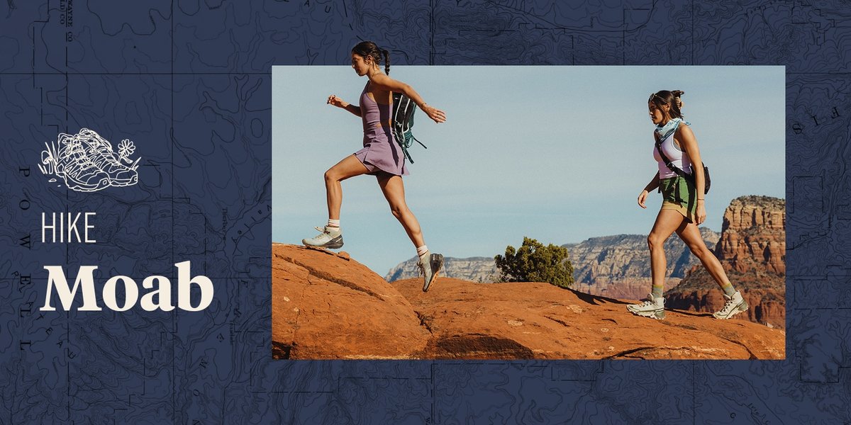 Two people walk across red sandstone. There is a topographic background framing the image. Text overlay reads: Hike Moab